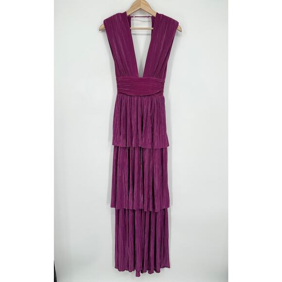 Sabina Musayev Judith Gown V-Neck Pleated Lace-Up Backless Tiered Maxi Dress - Picture 5 of 16